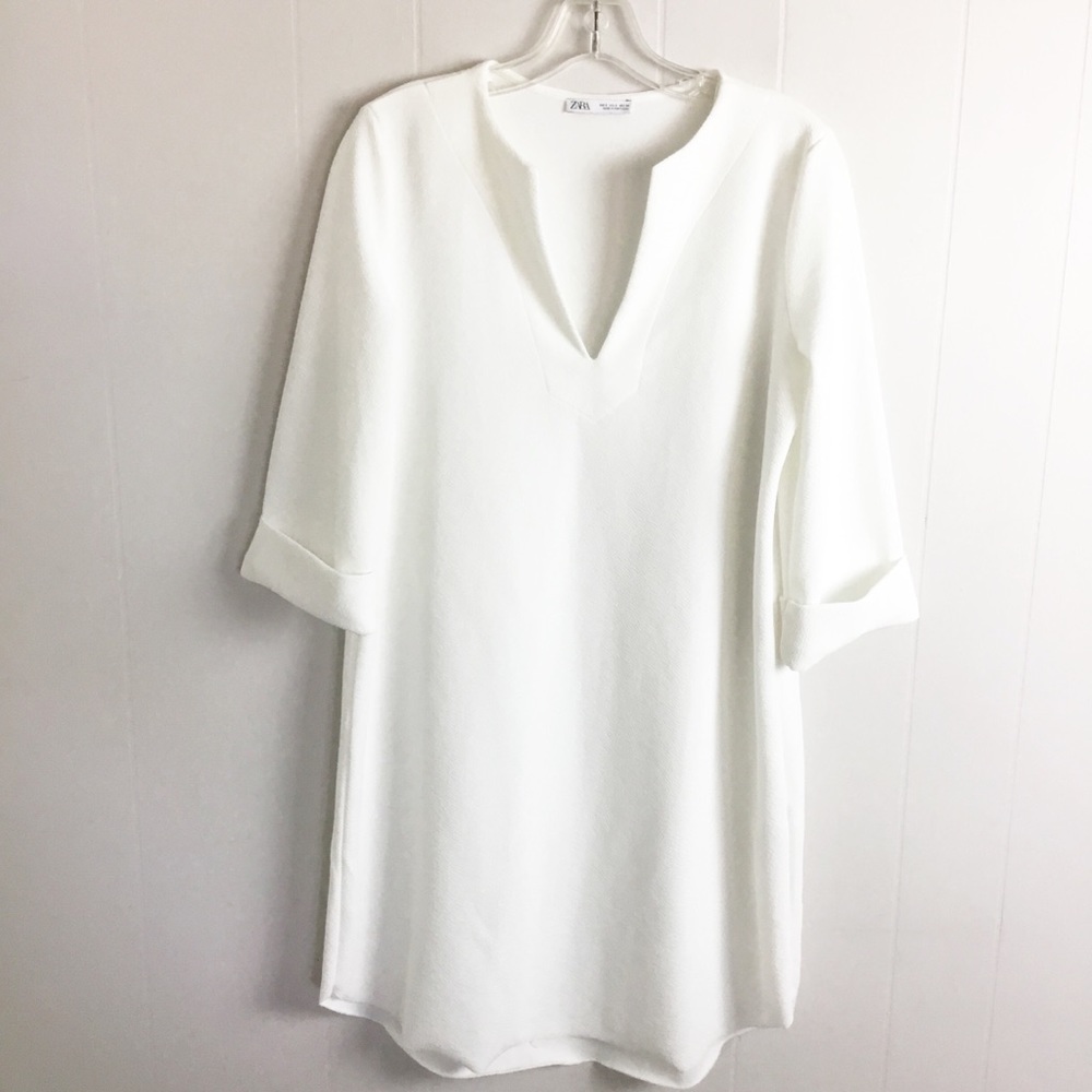 Zara White V-Neck Shift Dress